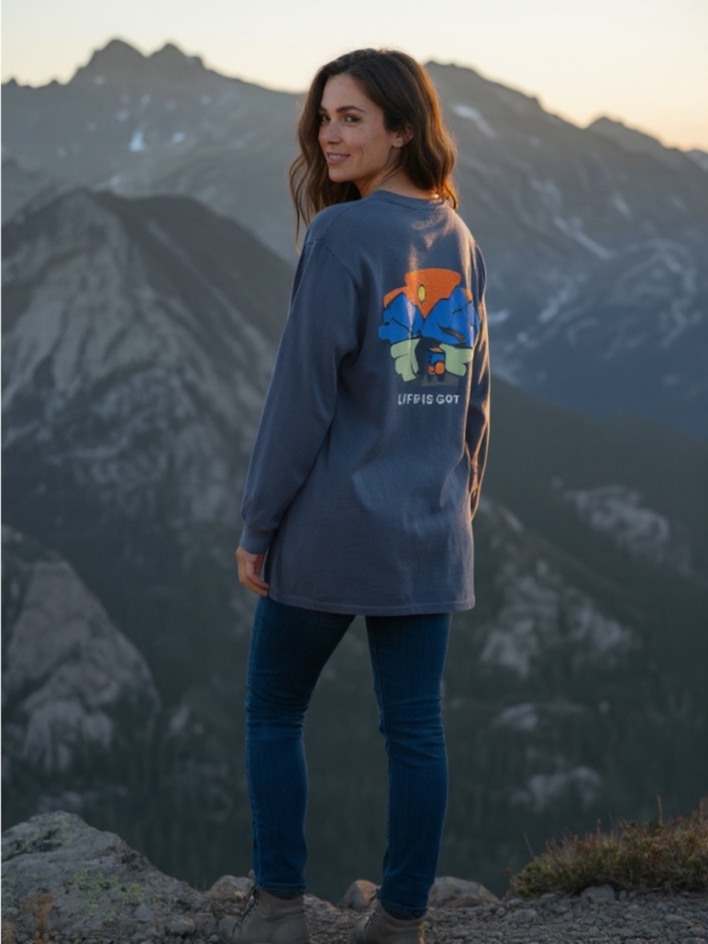 Life Is Good Long Sleeve Tee in Charcoal Blue with Orange, Blue & Green Graphic
